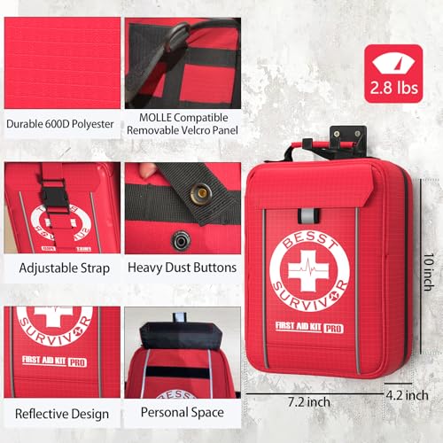 Besst Survivor Comprehensive First Aid Kit -Labeled Compartments for Trauma & Emergencies, Compact Emergency Kits for Car, Boats, Camping, Hurricanes and Outdoor Emergencies Survival -265 Piece - size: Large