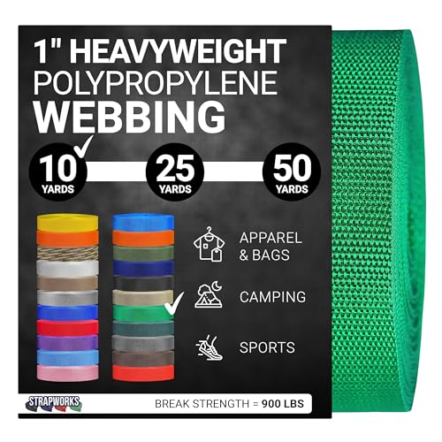 Strapworks Heavyweight Polypropylene Webbing - Heavy Duty Poly Strapping for Outdoor DIY Gear Repair - color: Kelly Green, size: 1" x 10 yard
