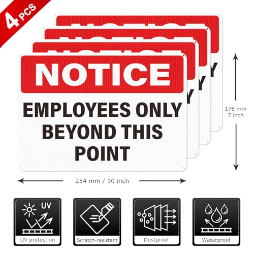 4 Pack Notice Employees Only Beyond This Point Signs 10 x 7 Inch - color: English