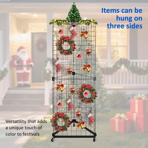 Black Triangular Wire Gridwall Panel Display with Base and Casters, Retail Gridwall Shelves Panel Stand for Home Organization, Retail, Trade Show