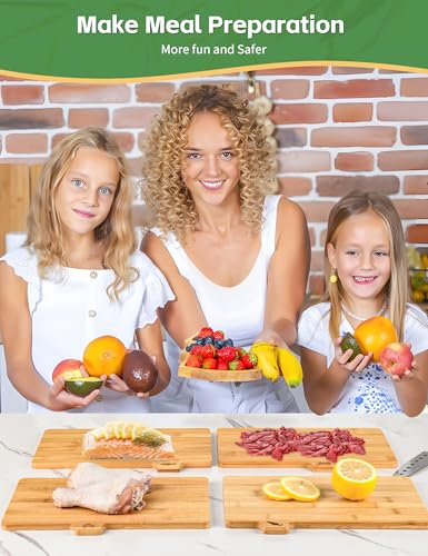 Bamboo Cutting Board Set with Meatal Stand, Lexda 4PCS Eco-Friendly Labeled Tabs Cutting Board, Durable Cutting Boards Kitchen For Chopping Fruit, Meat, Cheese, Veggies - 11" x 8"