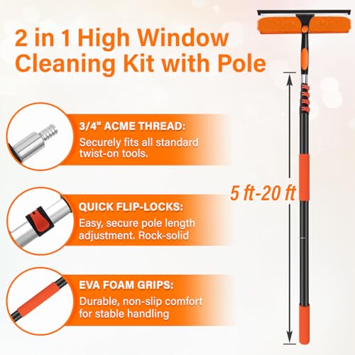 14" Extra-Wide Window Squeegee with 5-20FT Extension Pole - size: 14"-20FT