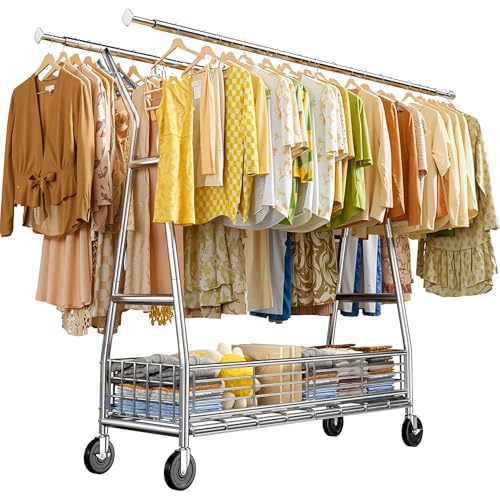 Raybee 630LBS Rolling Clothes Rack, Extendable 42-65" W Clothing Rack - color: Chrome, style: Double Rods