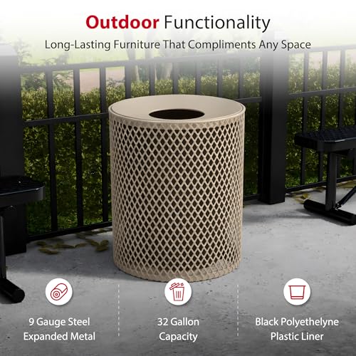 Leisure Craft 32 Gallon Commercial Outdoor Trash Can, Metal, Made in USA - color: Beige