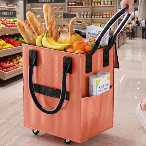 Reusable Grocery Bag on Wheel, Foldable Shopping Cart with Wheels, Can Carry up to 130 Pounds, Suitable for Groceries, Laundry, Camping and Moving.(Rose Gold - Large) - color: Rose Gold - Large