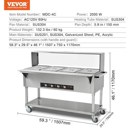 VEVOR 4-Pan Commercial Food Warmer, 4 x 20.6QT Electric Steam Table, 2000W Professional Buffet Catering Food Warmer with Acrylic Sneeze Guard, Food Grade Stainless Steel Server for Party Restaurant - size: 4-Pan (96 QT)
