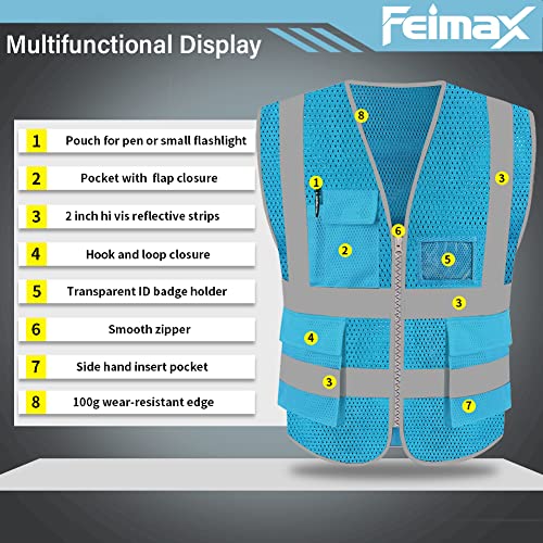 FEimaX High Visibility Safety Vest Mesh Work Vests with Reflective Strips - color: Azure, size: Medium