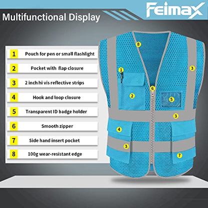 FEimaX High Visibility Safety Vest Mesh Work Vests with Reflective Strips - color: Azure, size: Medium