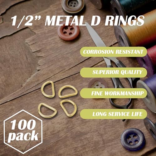 CooBigo 100 Pack 1/2" D Ring Metal Purse Straps Buckle Small Dog Collars Hardware Dee Rings Mini Zipper Pulls Clothing Bag Making Pet Dresses and Harness Vests Sewing Accessories(Gold) - color: Gold, size: 1/2 Inch