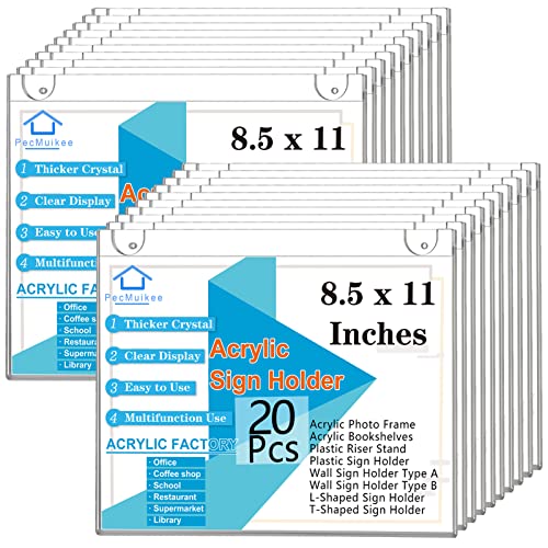 PecMuikee Acrylic Sign Holder 8.5x11 Horizontal, Wall Mount Acrylic Sign Holder and Plastic Paper Display Ad Frame bonus with 3M Tape and Mounting Screws for Restaurants, Office, Store, 20 Pcs