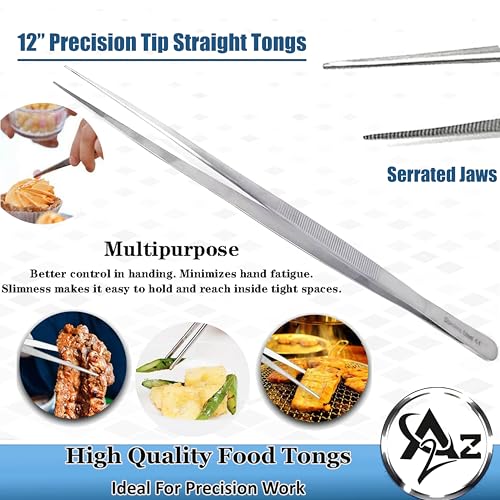 Professional Culinary Stainless Steel Precision Tongs with Serrated Tips, Plating/Food Presentation Detailing Serving Tongs, Chef's Kitchen Tweezer Tongs - Ultra Non-Slip Grip (12" STR Slim) - size: 12" Straight Slim