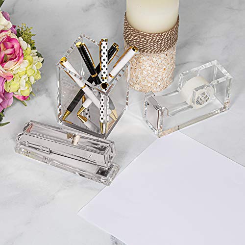 Punch & Stick | Stationery & Desk Accessories | Pen Holder, Stapler & Tape Dispenser | Silver & Clear Acrylic Lucite | Office Desk Accessories | Office Gift Set - color: Silver