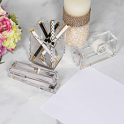Punch & Stick | Stationery & Desk Accessories | Pen Holder, Stapler & Tape Dispenser | Silver & Clear Acrylic Lucite | Office Desk Accessories | Office Gift Set - color: Silver