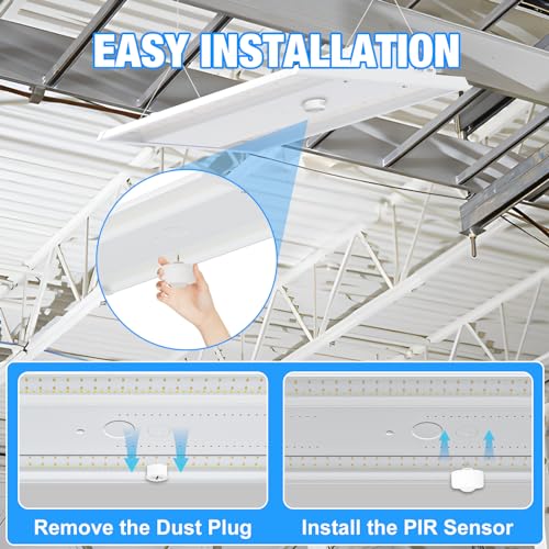 210W LED Linear High Bay LED Shop Lights with PIR Sensor, 4-Pack 31500LM 0-10V Dimmable 5000K Daylight, Adjustable LED High Bay Shop Lights Lighting Fixtures for Garage Warehouse Workshop, UL