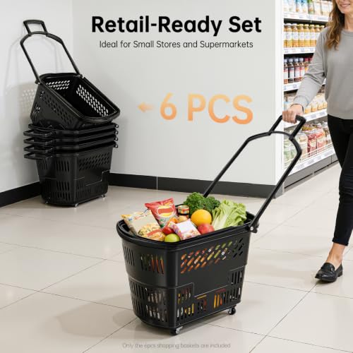 6PCS Shopping Basket 35L Portable Plastic Rolling Shopping Cart with Wheels - color: Black