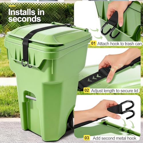 Trash Can Lid Lock Strap for Raccoons & Animals, Outdoor Garbage Can Lock with Double-Claw Hooks, Adjustable for 28-96 Gallon Bins, Windproof