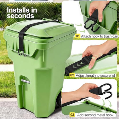 Trash Can Lid Lock Strap for Raccoons & Animals, Outdoor Garbage Can Lock with Double-Claw Hooks, Adjustable for 28-96 Gallon Bins, Windproof
