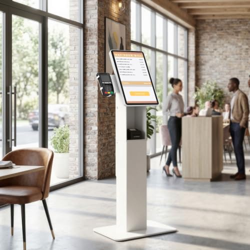 Mount-It! POS Kiosk Floor Stand for Monitors, Fits 15–22" Screens up to 22 lbs, VESA 75x75 & 100x100, 30° Tilt, Printer Bay & Payment Terminal Bracket, Self-Service Check-in Kiosk Stand, White
