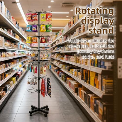7 Tier Rotating Rack Shelves Retail Display Stand,Jewelry Keyring Socking Hats,Movable Shop Spinner for Toys Show,Adjustable height,retail display racks For Store Display,Black