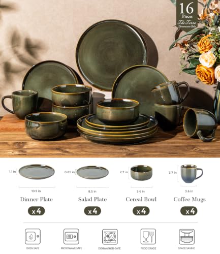 TheTerra Ceramic Dinnerware Set for 4, 16-Piece Plates and Bowls Set - color: Olive Green, size: Set (16pcs C)