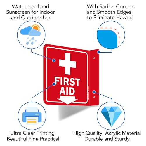 Faittoo First Aid Sign, 2 Pack First Aid with Cross Symbol - 6 x 6 Inches Acrylic Plastic, 2 Pre-Drilled Holes, Includes Matching Screws, Use for Home Office/Business - style: L-shaped 2 Pack