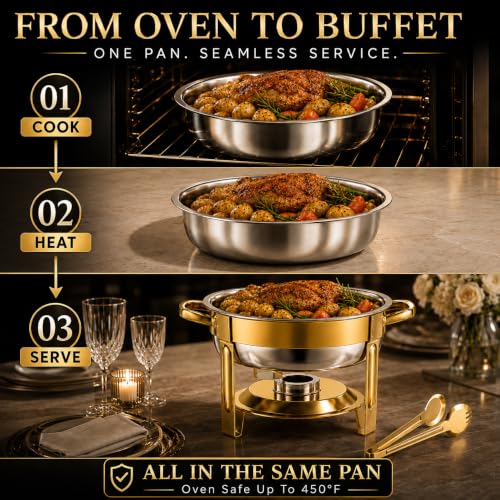Chafing Dishes for Buffet, 4 Pack 7QT Round Gold, Pre-Assembled Stands - color: Gold