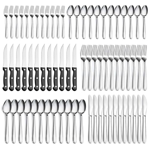 Pleafind 72-Pieces Silverware Set for 12, Flatware Set with Triple Rivet Steak Knives, Stainless Steel Cutlery Set, Include Forks Spoons and Knives Set, Utensil Sets for Home Restaurant - color: Silver, size: 72P