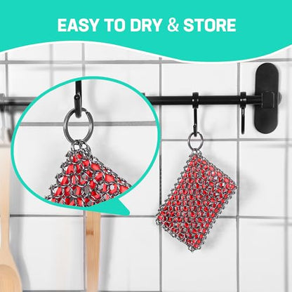 HAUSHOF Cast Iron Scrubber, Chainmail Scrubber Cast Iron Cleaner - color: Red