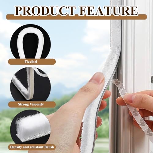 Supkiir 65.6Ft Brush Weather Stripping, 0.4" WideX0.6 Thick Door Seal Brush, Self Adhesive Window Insulation Seal White Weatherstrip Brush for Soundproofing Dust-Proof Waterproof Windproof