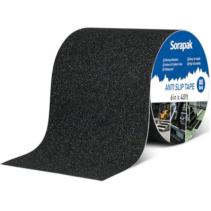 Heavy Duty 6in x 40ft Black Anti Slip Tape, 80 Grit Waterproof Non Skid Grip Tape Roll for Stairs, Ramps, Decks, Boat Decks, Floors, Warehouses & Outdoor Use - size: 6'' x 40 FT