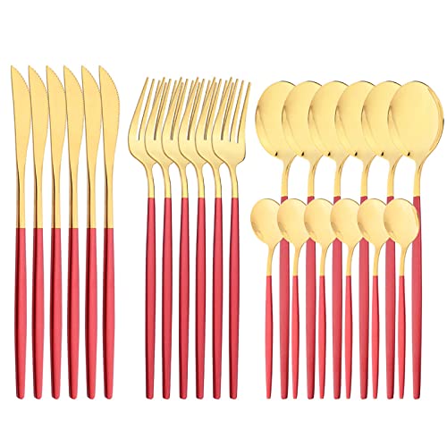 Mirror Cutlery Serving Set, 24-piece 18/0 Stainless Steel Silverware With Red Handle Simple & Modern Tableware For Home Party Restaurant Christmas Dinner, Service For 6 (Red Gold) - color: Red gold