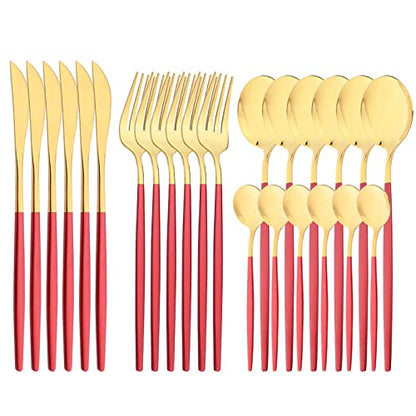 Mirror Cutlery Serving Set, 24-piece 18/0 Stainless Steel Silverware With Red Handle Simple & Modern Tableware For Home Party Restaurant Christmas Dinner, Service For 6 (Red Gold) - color: Red gold