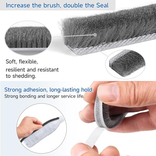 16.5FT Weather Stripping Self-Adhesive Pile Window Seal, Dense Brush for Insulation， Soundproofing, Windproof, Dustproof, for Sliding Door Frame, Glass Window, Exterior Door, 0.35" Wide x 0.35" Thick