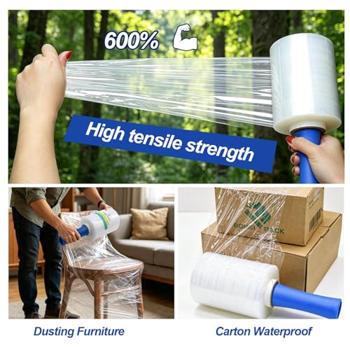 BOMEI PACK 4Pack Industrial Mini Clear Stretch Wrap Film, 5inch x 1100ft for Pallet Wrap with Plastic Handle, Heavy Duty Shrink Film for Packing, Moving, Packaging, 80 Gauge