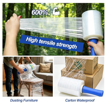 BOMEI PACK 4Pack Industrial Mini Clear Stretch Wrap Film, 5inch x 1100ft for Pallet Wrap with Plastic Handle, Heavy Duty Shrink Film for Packing, Moving, Packaging, 80 Gauge