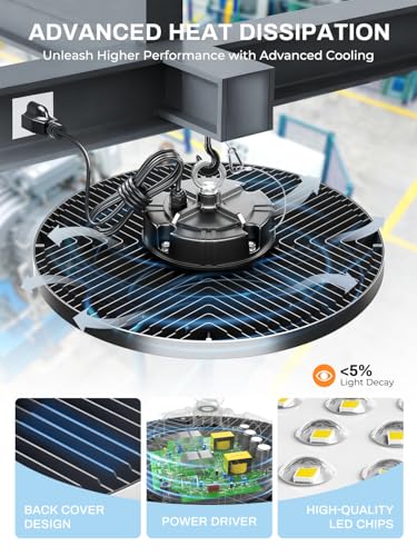 ELEKICO 200W UFO Led High Bay Light| 5000K 30000LM High Bay Led Shop Lights with 5ft Cable Hanging Hook Safe Rope| Shop Light & Garage Lighting Lights for Factory Workshop Warehouse Garage Barn - size: 200W-6-PACK