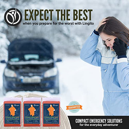 Lingito Rain Ponchos Family Pack - Emergency Drawstring Hood Poncho for Children & Adults Lightweight Reusable or Disposable - color: Orange, style: Thermal (3+1-pack)