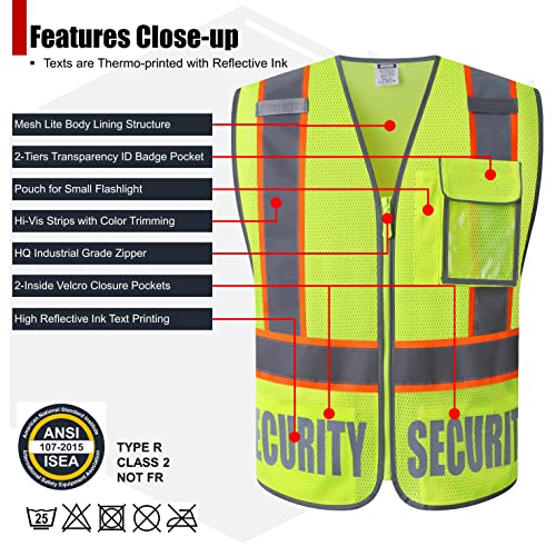 Security Vest for Men Women Reflective Safety Vest with 5 Pockets and Front Zipper Mesh High Visibility Vest Meets ANSI/ISEA 107-2015 Standards (Yellow-22, Large) - color: Yellow, size: Large