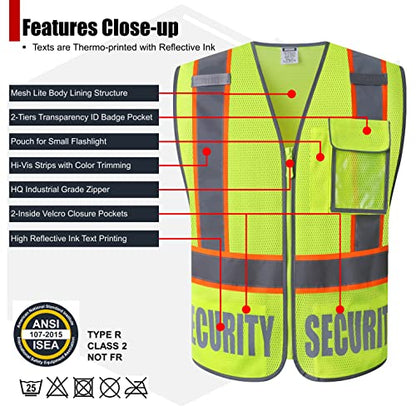 Class 2 Retro-Reflection Security Safety Vests Heavy Duty Yellow Mesh with 5 Pockets and Front Zipper Meet ANSI/ISEA 107-2015(Yellow-22, Medium) - color: Yellow, size: Medium