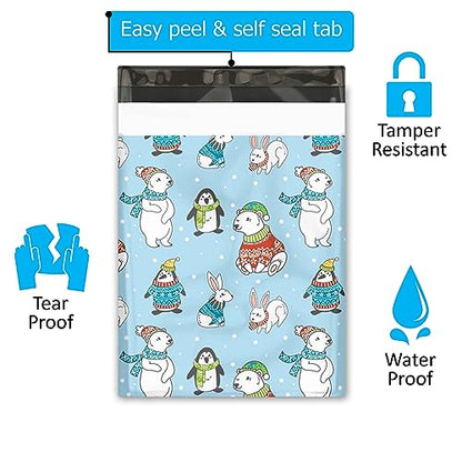 10x13 (100) Winter Animals Poly Mailers Christmas Designer Self Sealing Waterproof Tamperproof Shipping Envelopes Premium Printed Bags For Small Businesses - color: Winter Animals, size: 10x13