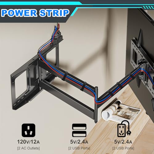 48" Long Arm Full Motion TV Wall Mount w/Power Outlet 37-85” TV WHYFONE - size: Fit 37-85"TVs with power strip