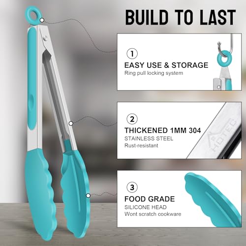 HOTEC Stainless Steel Kitchen Tongs with Silicone Tips, Set of 2-9" and 12" - color: Blue:12+9inch