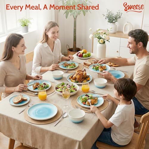 Sweese Porcelain Dinnerware Sets, Handpainted Plates and Bowls Set for 6, Scratch Resistant Dinner Set, Dishwasher and Oven Microwave Safe Dishes Set, Blue - color: Blue