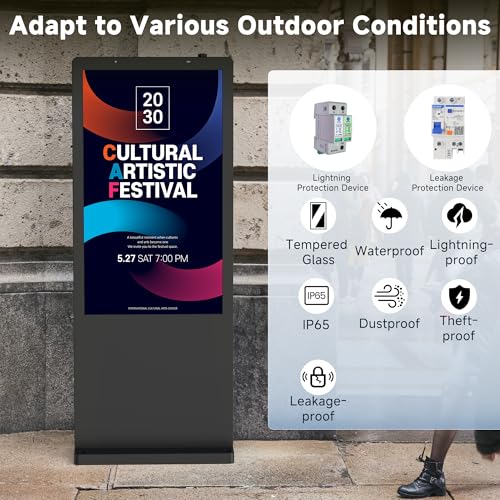 65 Inch Floor Standing Outdoor Digital Signage - IP65 Waterproof Display with 4500nits Brightness, WiFi/HDMI/USB Input for Retail, Subway & Restaurants