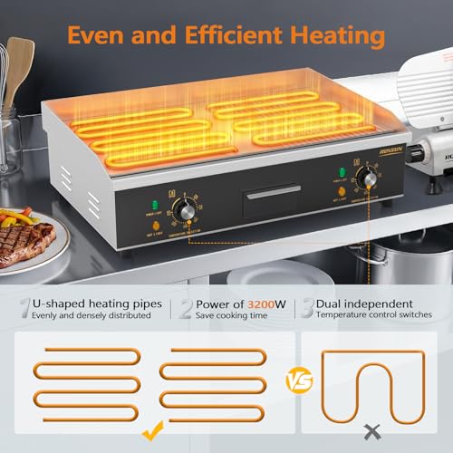ROVSUN 26" Electric Griddle, Electric Countertop Half Flat Top Griddle, 3200W Grill Stainless Steel with Adjustable Temperature Control 122°F-572°F for Commercial Home Restaurant, Plug - size: 26"