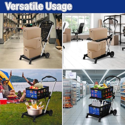 Collapsible Shopping Cart with 2 Bins Grocery Cart on Wheels Multi Use Two Tier Folding Cart for Farmers Market,Kitchen,Grocery Shop