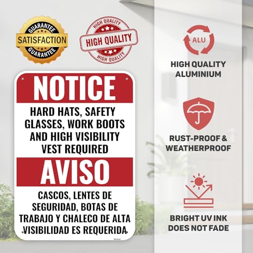 1PC Construction Signs, 14 x 10 Inches - Aluminum - Danger Area Under Construction Safety Site Signs For Jobsites - Bilingual Spanish - color: HH SG WB HVV Required