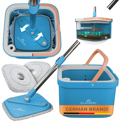 Mop and Bucket Set with Wringer, Dual-Chamber Flat Mop, Blue – ALANBERG - color: Blue