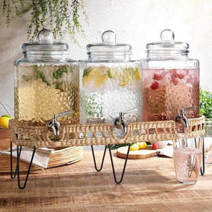 1.5 Gallon Glass Drink Dispenser for Parties 3 PACK Beverage Dispensers with Stand, Glass Water Jug Dispenser, with 18/8 Stainless Steel Spigot, Great for Party, Wedding, Picnic, BBQ Wicker Design - color: Clear - 1.5 Gallon 3 Pack