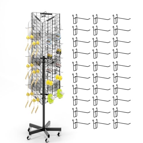Grid Wall Panels Display Stand - 16”*63.3"Triangular Display Metal Shelf with 30 Hooks for Vendor Events,360° Rotating Art Display Panels Heavy Duty Floor Standing Movable Retail Display Organization